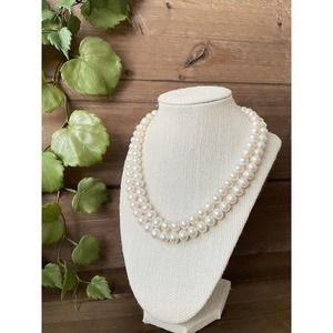 10mm White Pearl Necklace Double Strand - 17” Hand Knotted - Silver Overtone